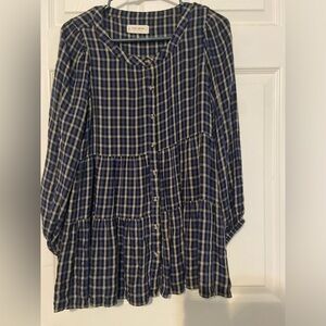 Lucky Brand Navy Blue Tan Plaid Popover Shirt women’s sz medium Blouse Babydoll